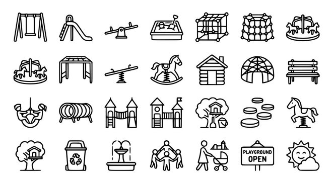 Preschool playground outline icon collection with kids park activity vector symbols