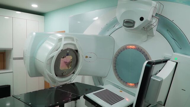 Close-up of a medical linear accelerator in therapeutic oncology. C