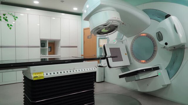 Close-up of a medical linear accelerator in therapeutic oncology. C