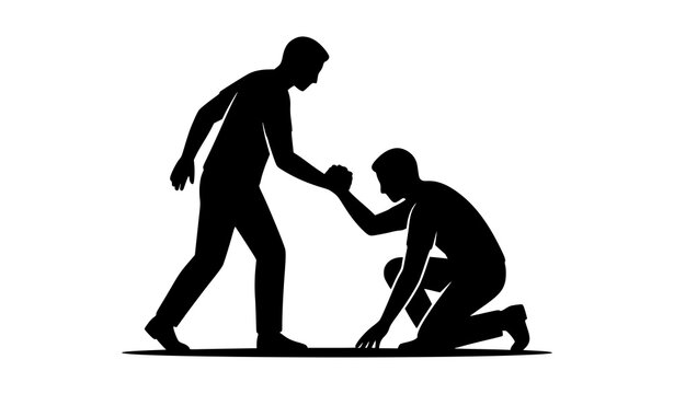 Silhouette of person helping another kneeling person vector illustration symbol of support teamwork and assistance on white background