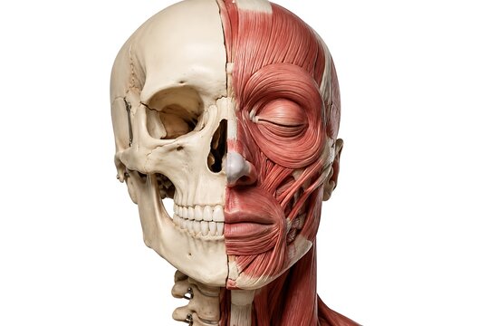 Human Anatomy Skull and Face Muscle Structure Model showing Skeleton and Muscular System isolated on white background.