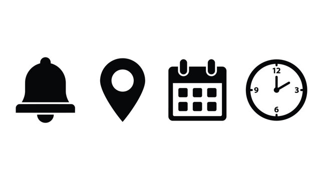 A set of essential digital interface icons representing notification location scheduling and time management tools today