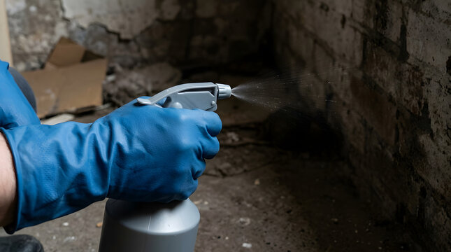 An individual employs a sprayer to eliminate unwanted pests in a damp cellar, demonstrating their dedication to maintaining a clean and healthful environment.