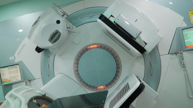 Close-up of a medical linear accelerator in therapeutic oncology. C
