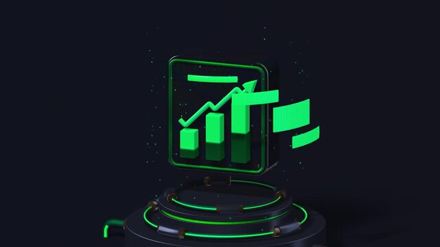 Close up of a glowing green financial chart icon on a technological base signifying economic recovery and fintech advancement