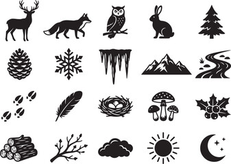 Fototapeta premium Forest and nature icon set featuring woodland animals, plants, weather elements, and landscape symbols in vector format