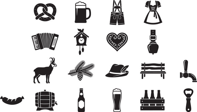 Bavarian culture and Oktoberfest icons set featuring traditional clothing food drinks and alpine symbols in vector format