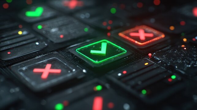 Close up of illuminated check and x marks on a dark surface