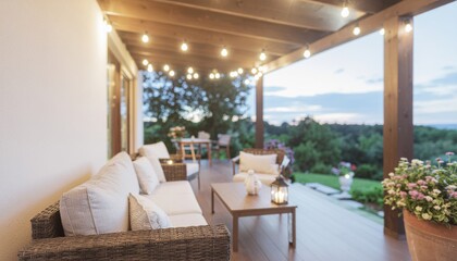 Fototapeta premium Warmly lit outdoor patio area of a house at dusk or evening