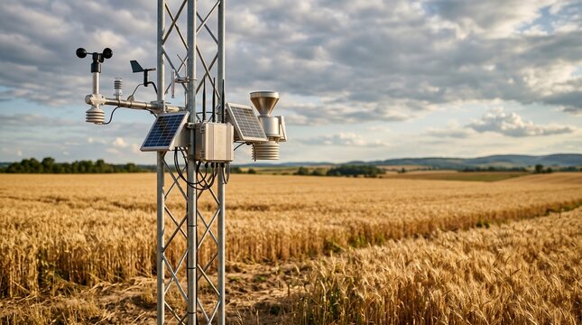 Automated weather station measuring data in a golden wheat field at sunset