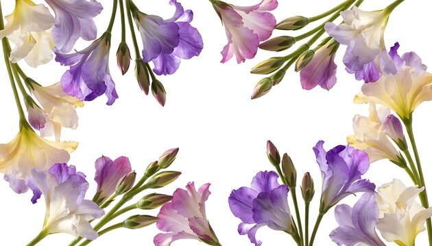Elegant freesia flower border isolated on transparent background. AI GENERATED.