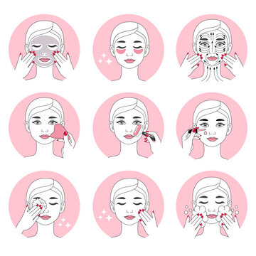 A set of nine round pink icons demonstrates beauty treatments: applying a sheet mask, using under-eye patches, massaging the face and neck, using a guacha scraper, using a jade roller, applying serum