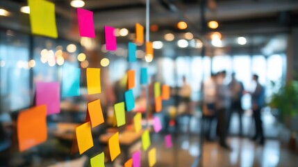 Fototapeta premium Sticky notes on glass wall with people in blurred background
