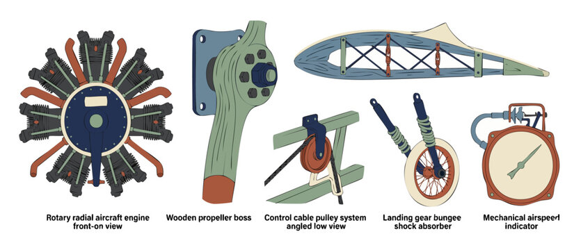 Vintage Aircraft Parts Set: Radial Engine, Wooden Propeller, Landing Gear, Pulley System, and Airspeed Indicator. Detailed Technical Illustrations of Classic Airplane Mechanical Components for Restora