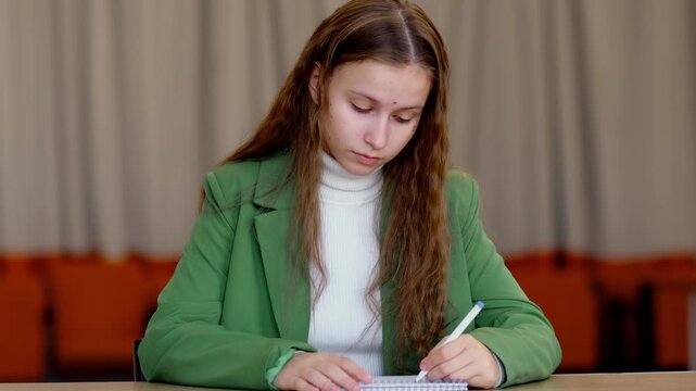 High school student with long hair pauses over notebook, pen in hand, staring thoughtfully into space while thinking how to solve difficult homework problem.