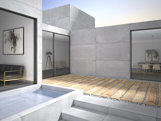 Minimalist concrete house exterior with courtyard pool and wood deck 3D render © Enrique