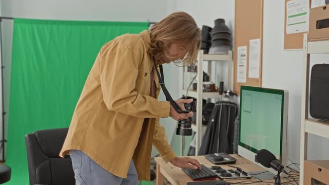 Man adjusts dslr camera and tweaks audio mixer and keyboard controls at desk in studio; focused creativity production.