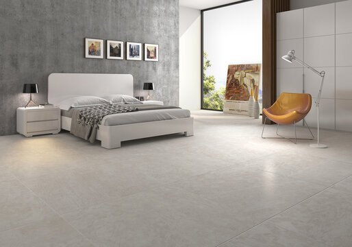 Modern grey bedroom with concrete look floor tile and leather lounge chair 3D render