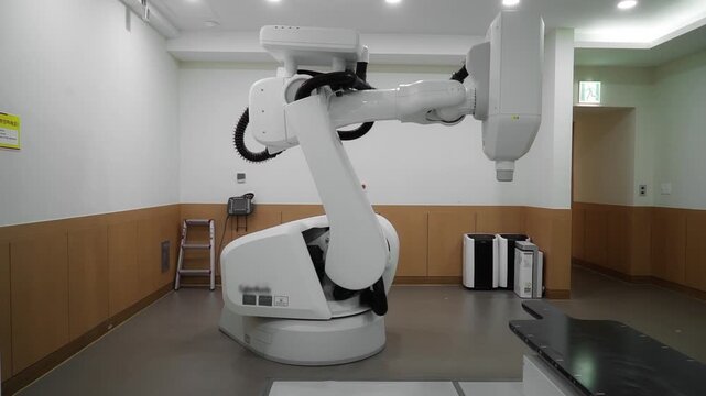 Medical room with Cyberknife is a treatment using external beam radiation for stereotactic radiation therapy or "radiosurgery" (SRS)
