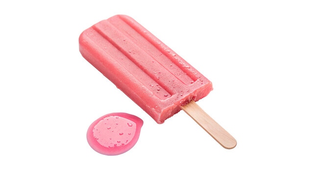 A sweet pink frozen ice cream popsicle bar with a small bite token isolated on transparent background