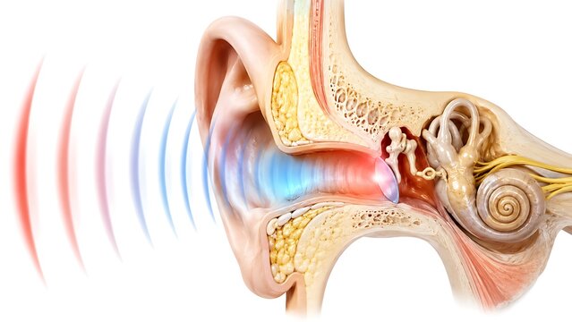 Detailed anatomical cross-section of the human ear showing sound waves entering the auditory canal and inner ear structures.