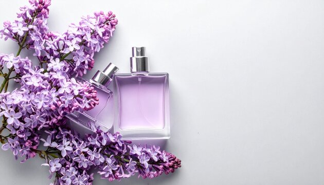Perfume bottles and branches with lilac flowers on light grey background, closeup