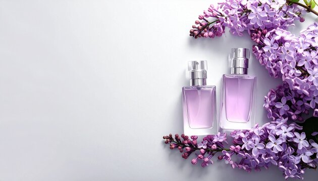 Perfume bottles and branches with lilac flowers on light grey background, closeup