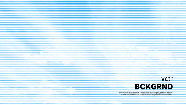 Horizontal blue lines create a halftone scanline effect over a soft white cloud sky in this abstract vector background. The digital pattern offers a clean and airy atmosphere.