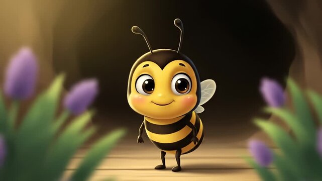 Cartoon illustration of a cute bee standing on a wooden path with foliage around it