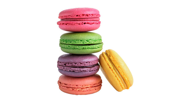 A colorful stack of sweet French macaron biscuits dessert pastries placed vertically isolated on transparent background