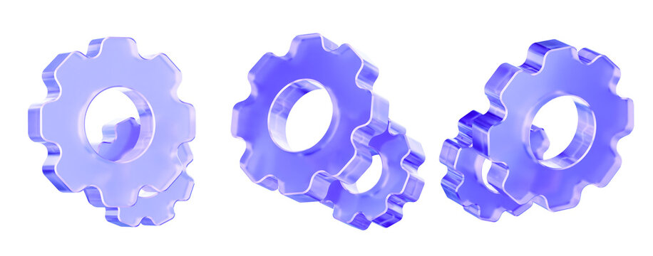 Set of 3D gear icon isolated on transparent background concept of gear Transparent Liquid Glass icon 3D rendering