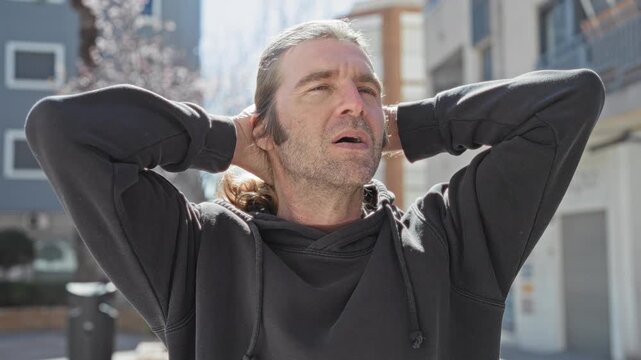 Man adjusting hair with hands behind head on street outside apartment building; thoughtful reflection.