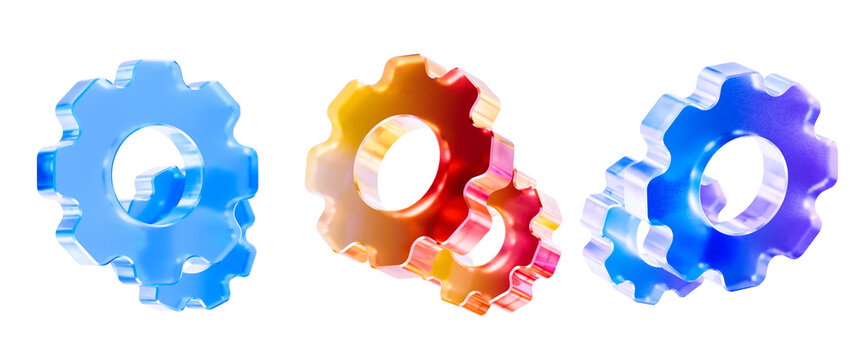 Set of 3D gear icon isolated on transparent background concept of gear Transparent Liquid Glass icon 3D rendering