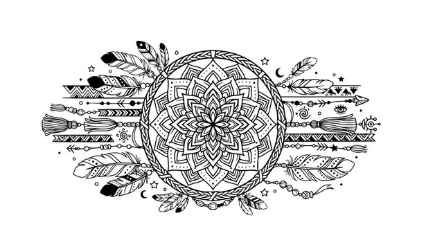 Creative dreamcatcher mandala vector illustration with layered bohemian feathers and tribal ornaments