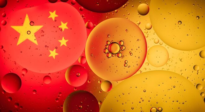 Chinese flag made of oil droplets on water, red and yellow bubbles with five yellow stars.