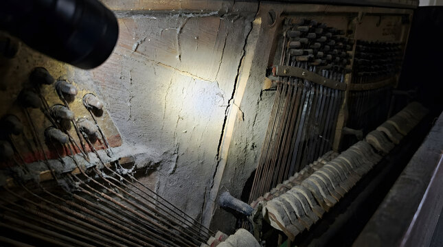 Old broken piano interior with dust and damage