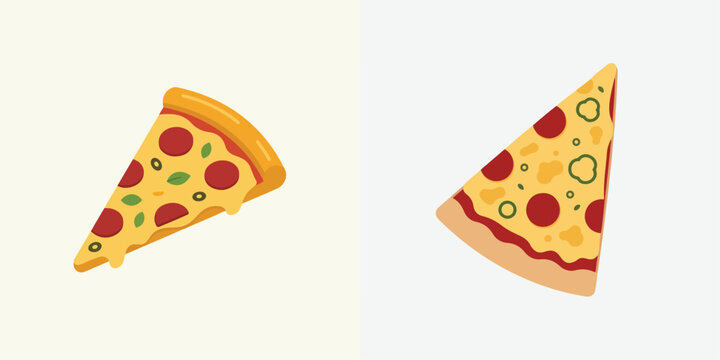 Flat design of a slice of pizza with melted cheese, simple composition, clean background, no borders