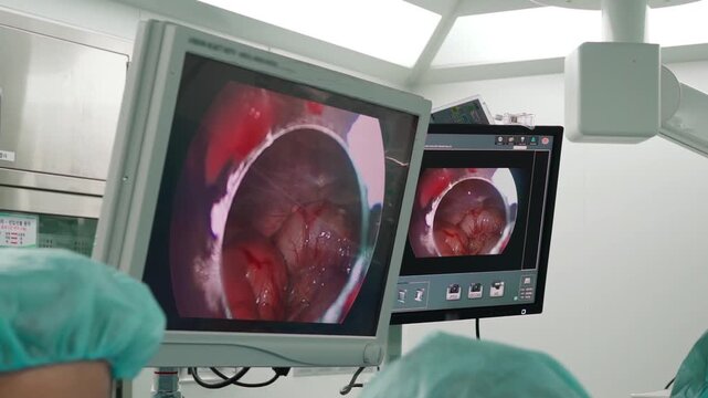 Laparoscopic cholecystectomy instrument in video on screen. The surgeon's doing laparoscopic gastric sleeve surgery