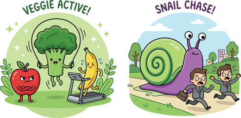 Funny Food Characters with Active Veggies and a Snail Chase Scene in a Whimsical Cartoon Style © Sultana