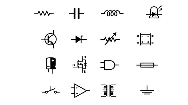 Electronic components set with circuit symbols and schematic icons featuring resistors, capacitors, inductors with diodes and transistors elements