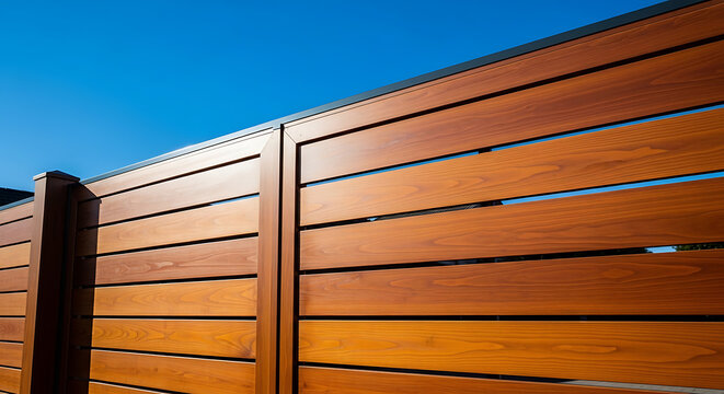 Modern Horizontal Wood Grain Aluminum Fence with Blue Sky Background for Backyard Privacy
