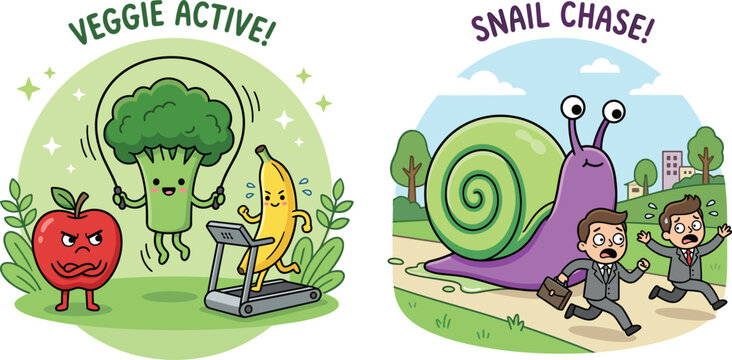Funny Food Characters with Active Veggies and a Snail Chase Scene in a Whimsical Cartoon Style