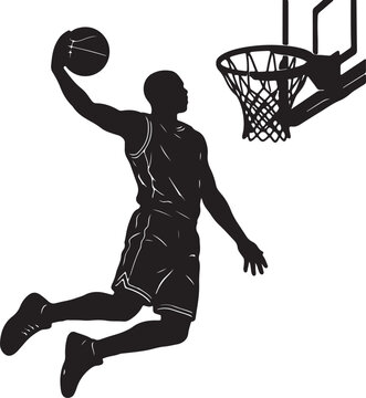 Silhouette of a basketball player dunking the ball into the hoop with slam dunk