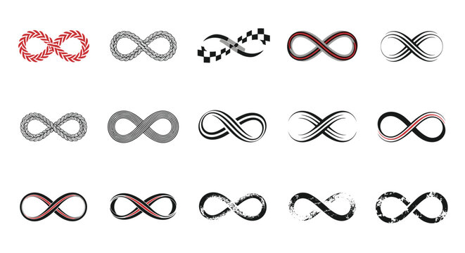 Set of fifteen infinity symbols with different textures like tire tracks, checkerboards, and artistic brush strokes.