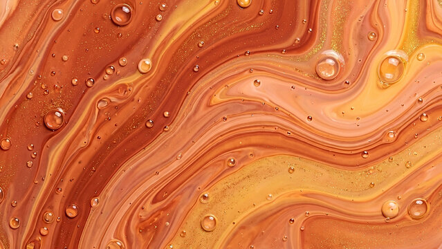 Modern Warm Terracotta and Golden Fluid Abstract Background with Organic Flowing Patterns and Sparkling Water Droplets