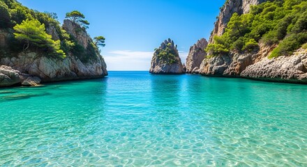 Obraz premium Crystal Clear Turquoise Water Cove Surrounded by Rocky Cliffs and Lush Greenery