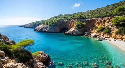 Obraz premium Idyllic Turquoise Cove Beach with Rocky Cliffs and Lush Greenery, Mediterranean Sea