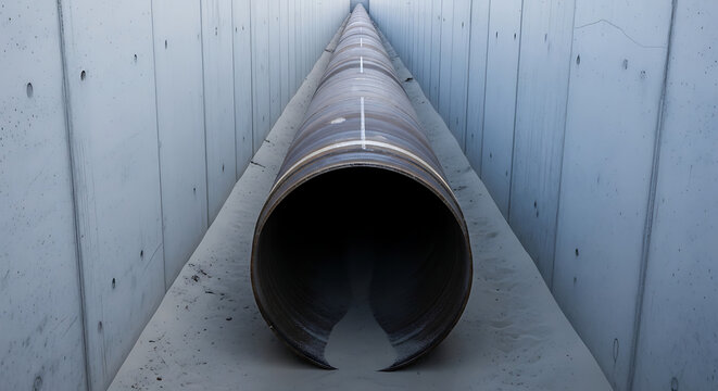 Large Diameter Steel Pipeline Installed in Deep Concrete Trench at Construction Site