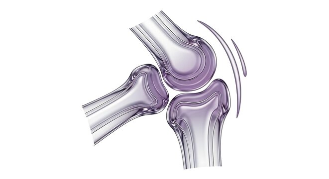 3D medical illustration of knee joint anatomy with colored cartilage, bones and motion lines.