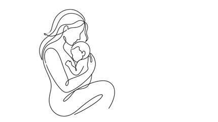 Obraz premium Minimalist continuous line drawing of a loving mother gently holding her small newborn baby infant